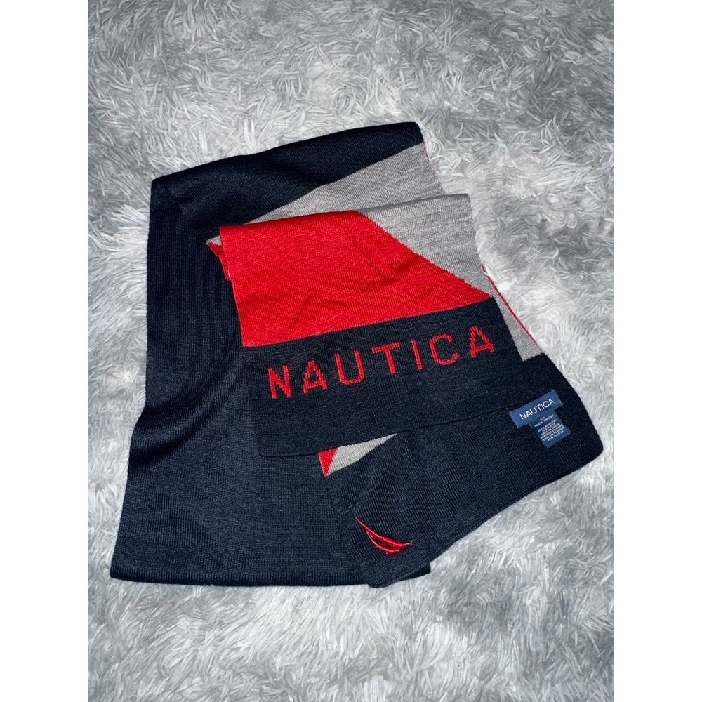 Nautica Knit Scarf Navy Blue Red Grey Colorblock Logo Winter‎ Accessory